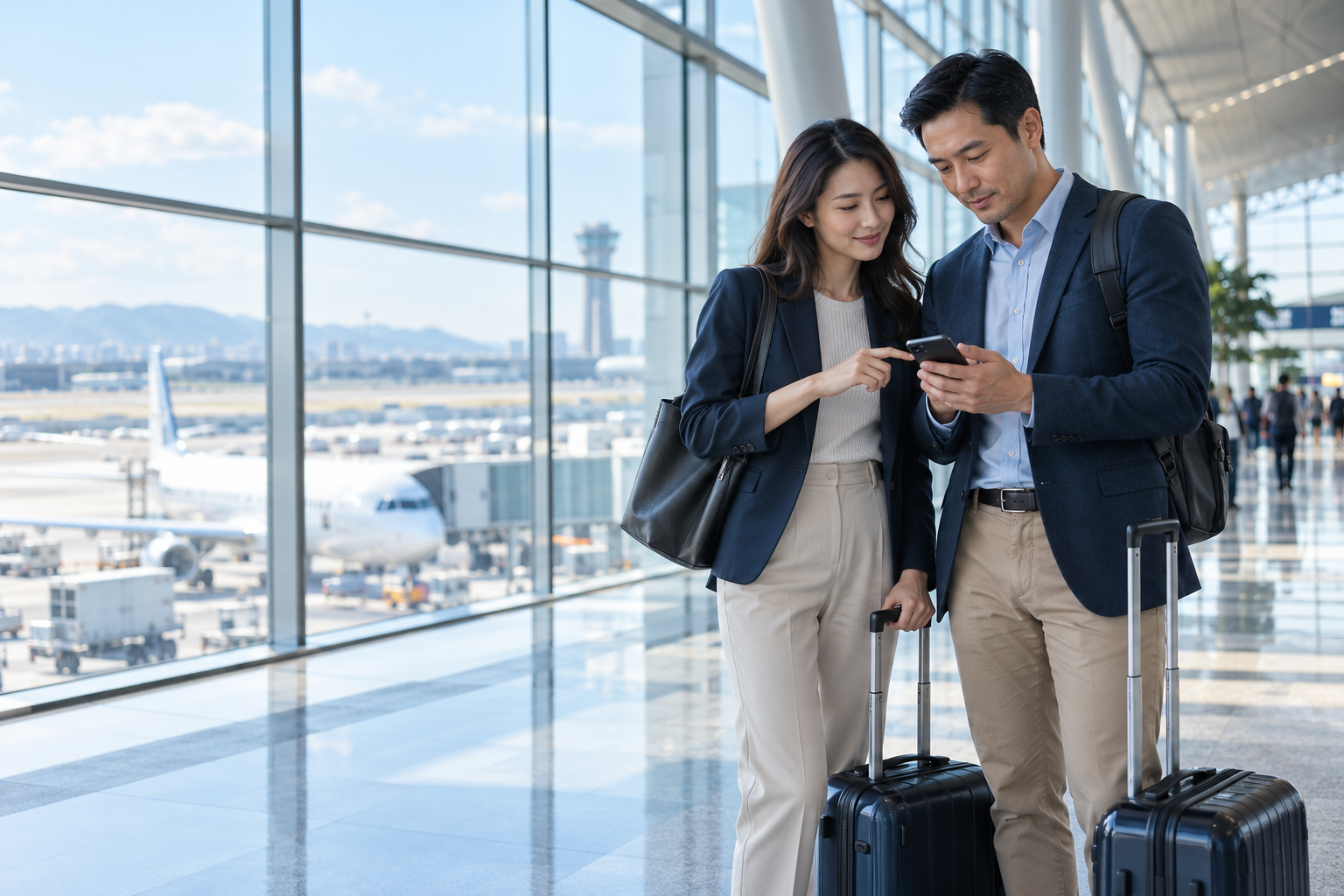 Dois viajantes a trabalho conferem um celular no aeroporto ao lado de malas de mão